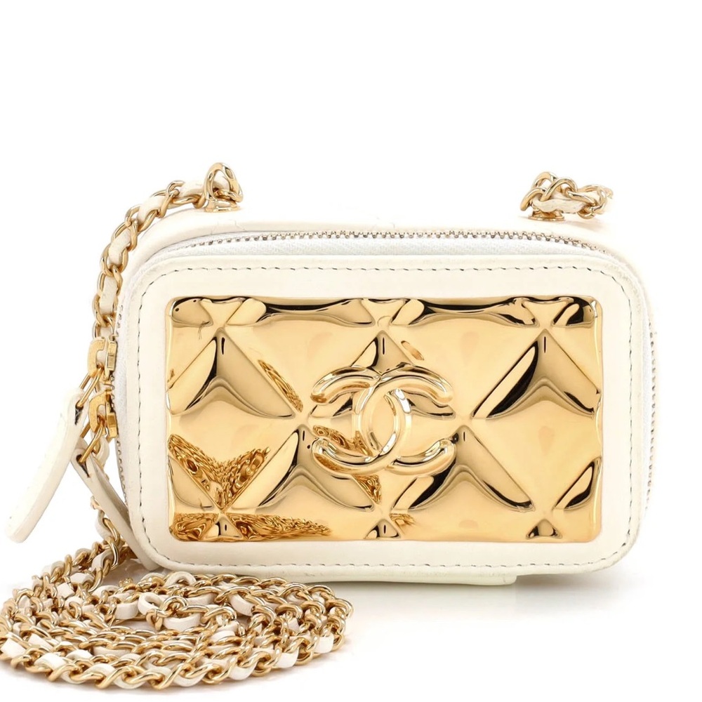 CHANEL Golden Plate Vanity White and Gold Mini Zip Around Bag